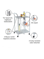 Katlanabilir Tekerlekli Metal Raflı Servis Arabası – Beyaz