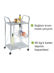 Katlanabilir Tekerlekli Metal Raflı Servis Arabası – Beyaz