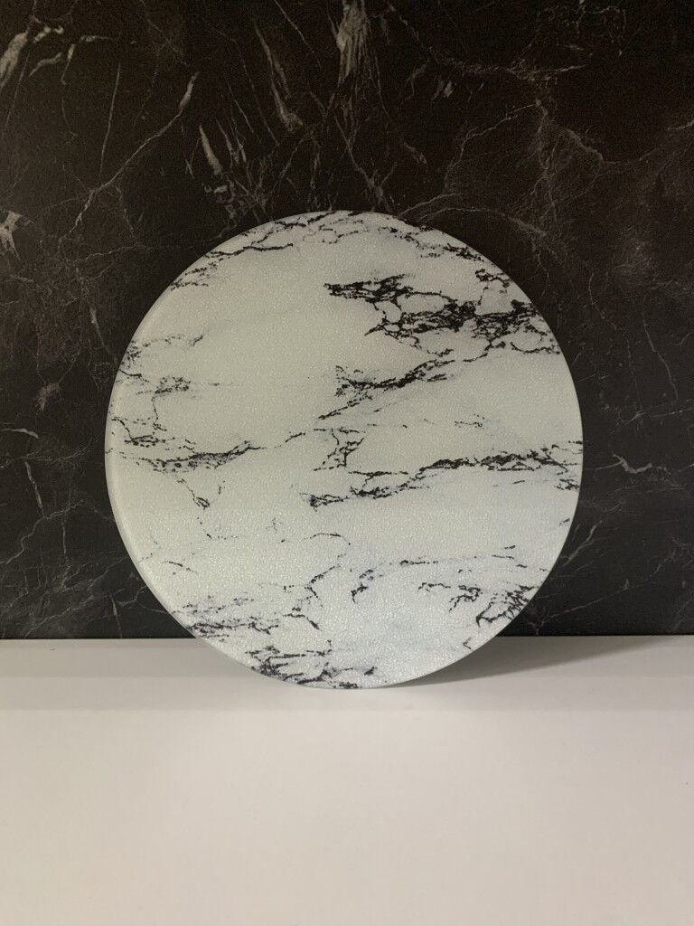 Çap 27Cm - Buzlu Cam, Beyaz Mermer - Kesme Tahtası - Sunumluk