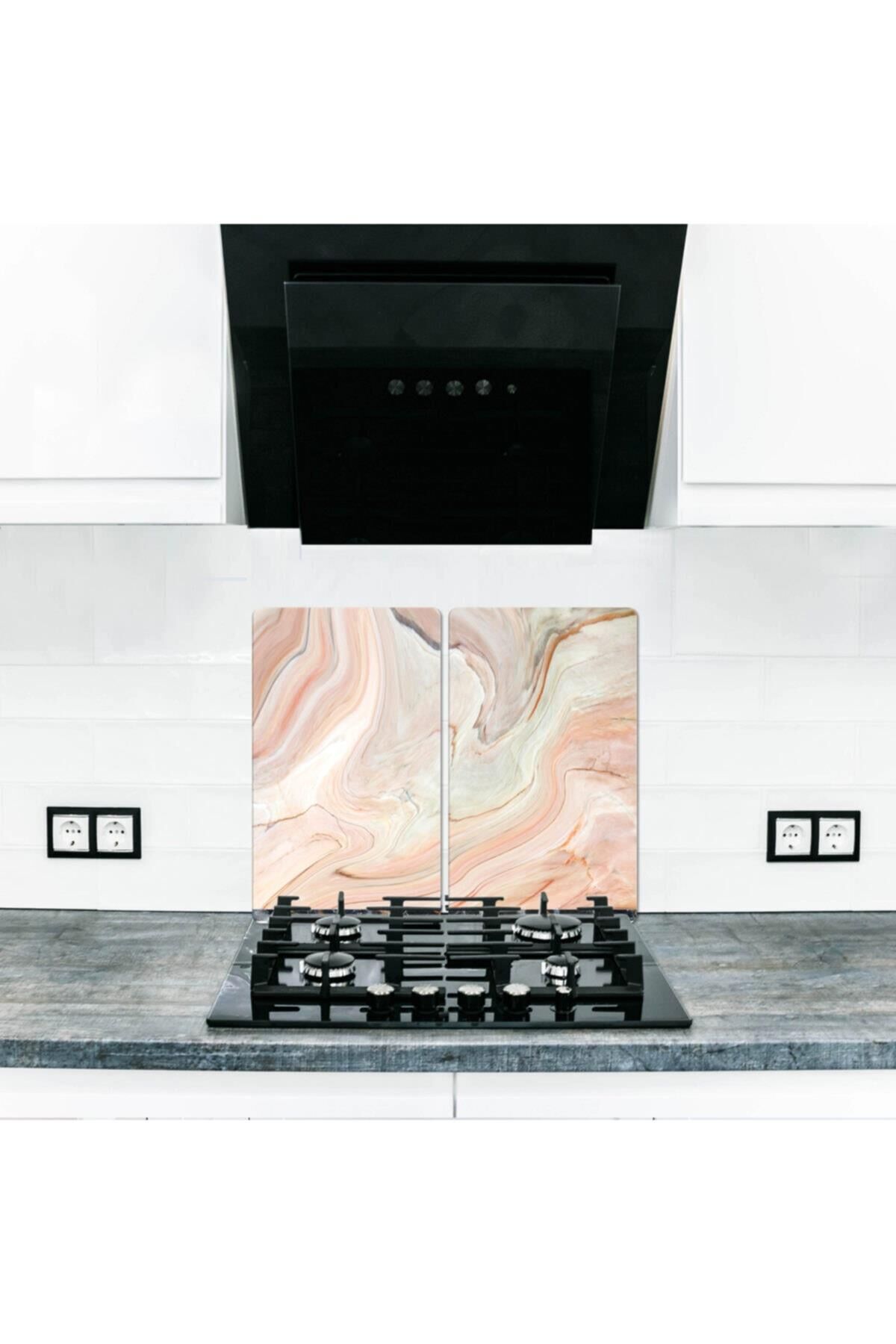 2' li 30x52 cm Cam Ocak Koruyucu  Topraklı Mermer Desenli