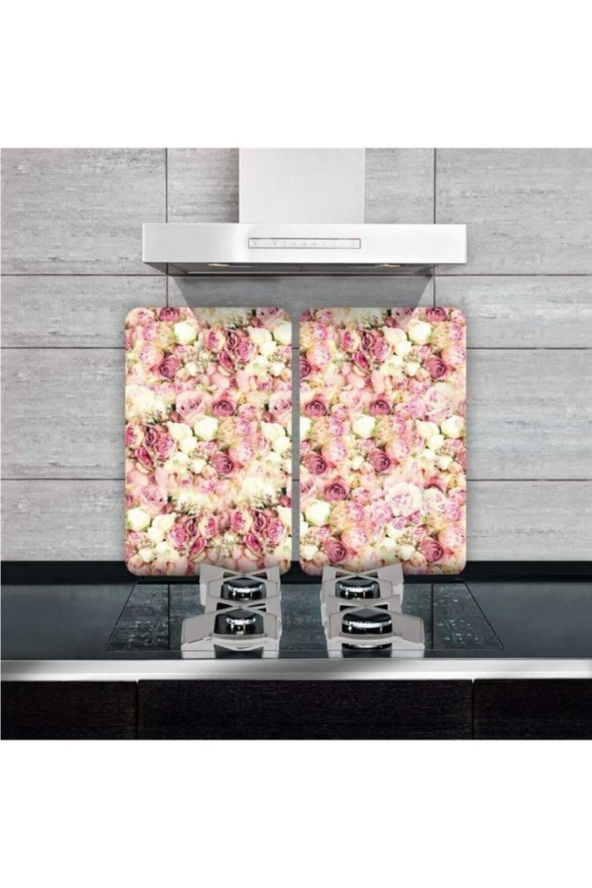 2'li 40x52 cm Cam Ocak Koruyucu 5'li Ocaklar İçin Beyaz Açık Pembe Güller