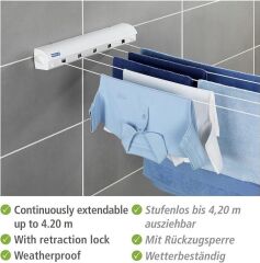 WENKO Duvar Çamaşır İpleri - Uzatılabilir, Plastik (ABS), 47,5 x 7 x 7 cm, Beyaz