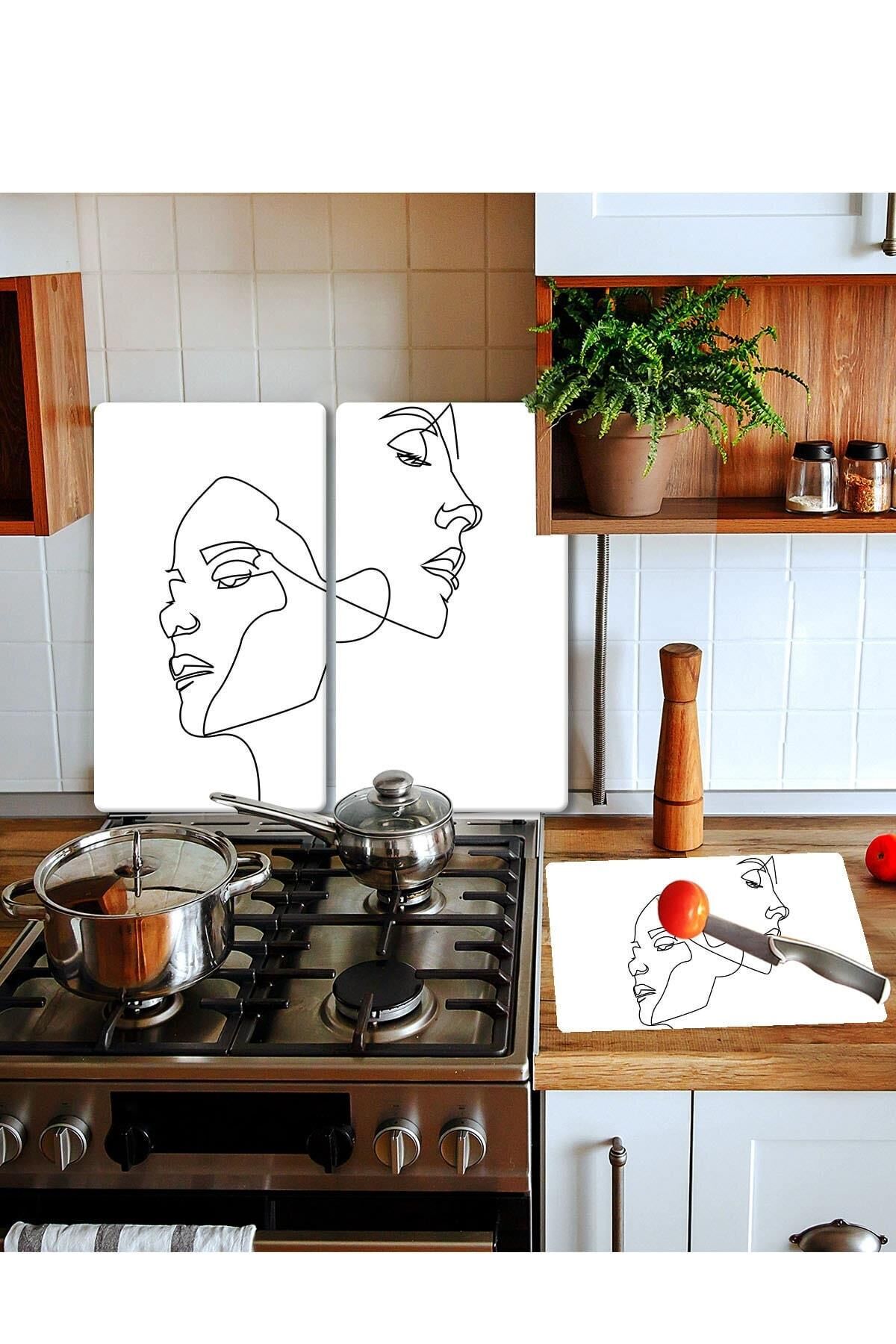 Takım Halinde Yüz 20x30 Cm Kesme Tablası Ve 2'li 30x52 cm Cam Ocak Koruyucu 4'lü Ocaklar