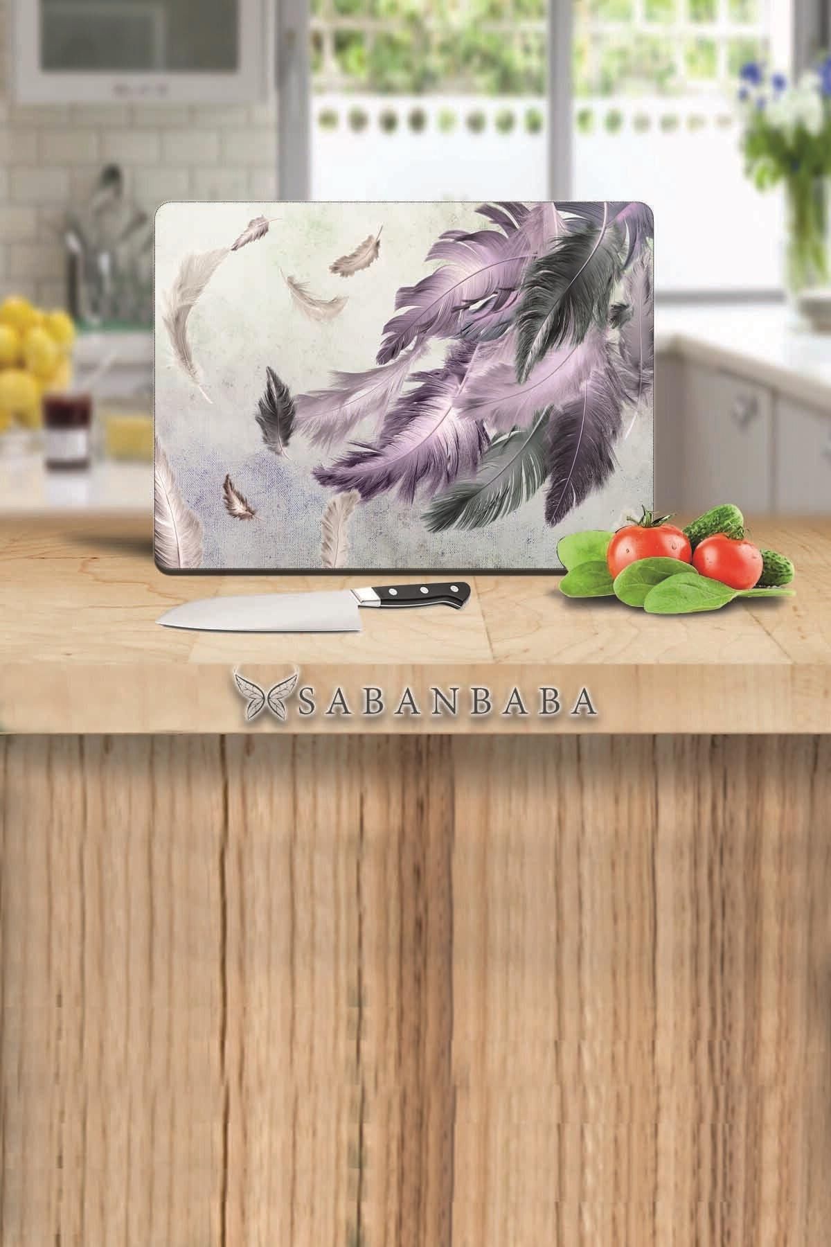 30x40 cm Cam Kesme Tahtası Kuş Tüyü Desenli