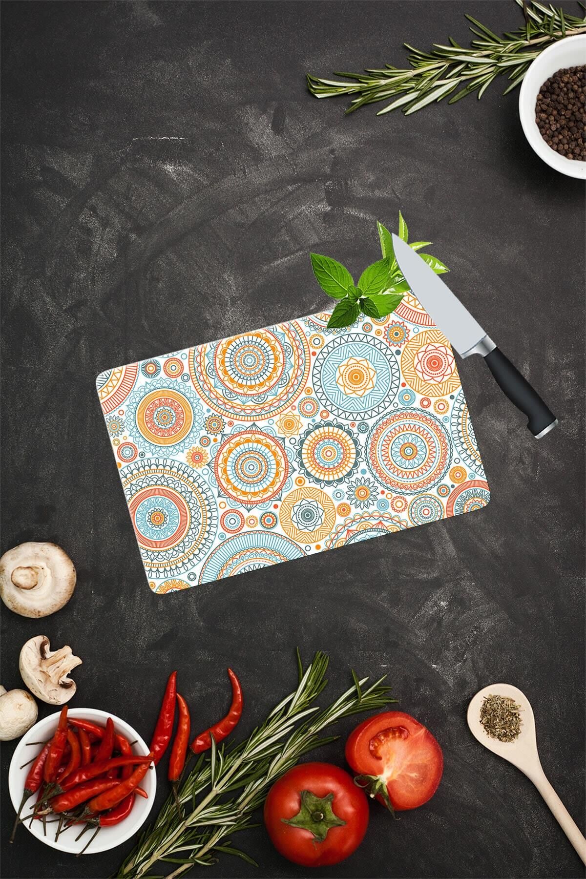 20x30 cm Cam Kesme Tahtası Açık Yuvarlak Mandala Desenli