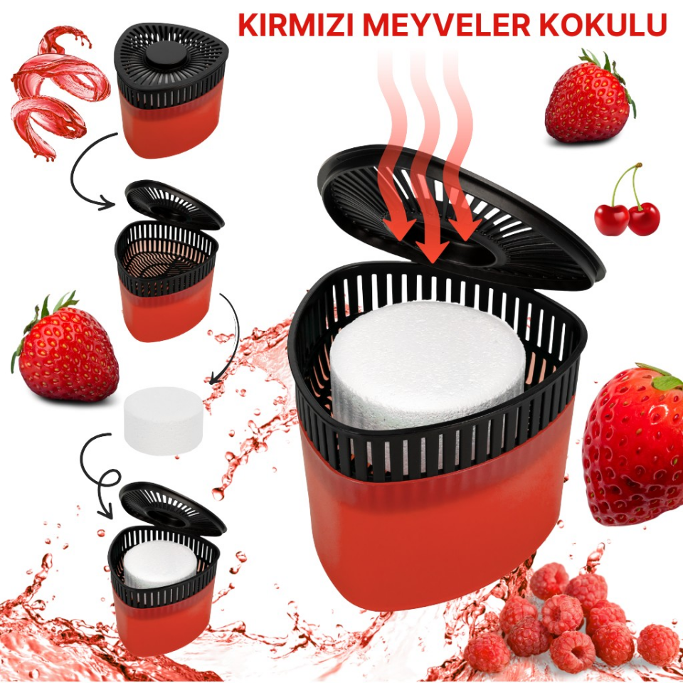 Kırmızı, Kırmızı Meyveler Üçgen - Nem Alıcı Aparat + Rutubet Giderici Tablet (500 Gram)