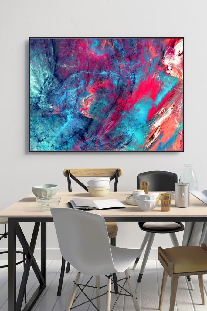 50 x 60 cm Kırmızı Mavi Alacalı Desenli Cam Tablo 4mm Temperli Camdır