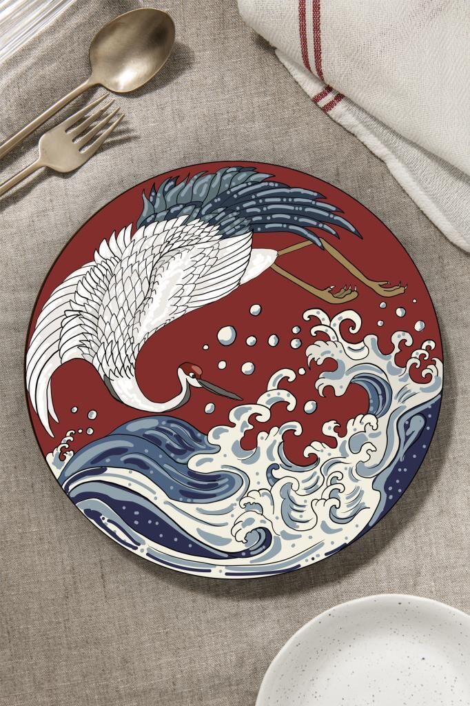 Çap 32 cm Kırmızı Leylek Desenli Cam Kesme Tablası