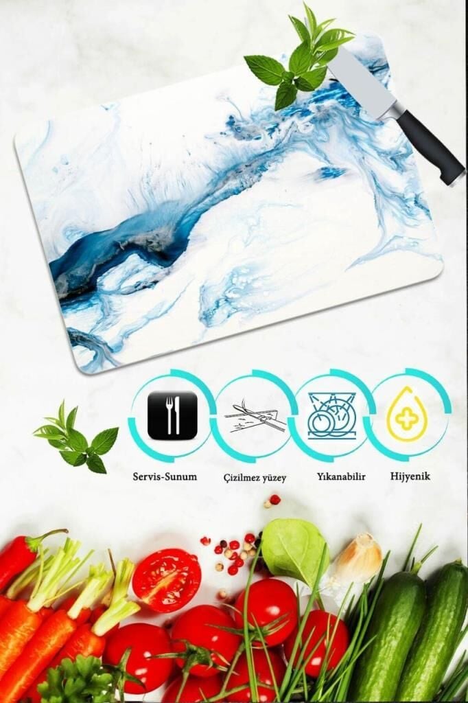 20x30 cm Cam Kesme Tahtası Mavi Deniz Desenli