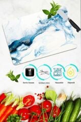 20x30 cm Cam Kesme Tahtası Mavi Deniz Desenli