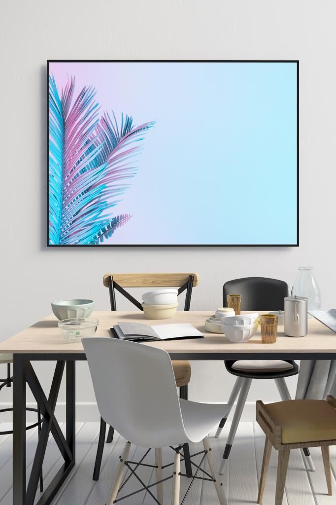 50 x 60 cm Mavi Palmiye Yaprağı Desenli Cam Tablo 4mm Temperli Camdır