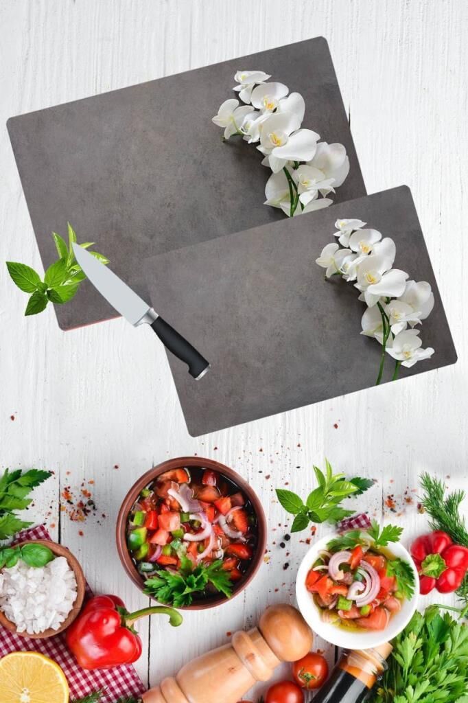 2' li Takım 30x40 cm ve 20x30 cm White Desenli Cam Kesim Tablası ve Ocak Koruma