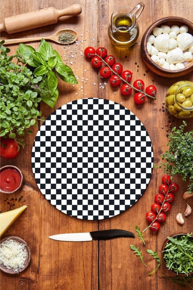 Çap 32cm - Dama Desenli - Cam Kesme Tahtası