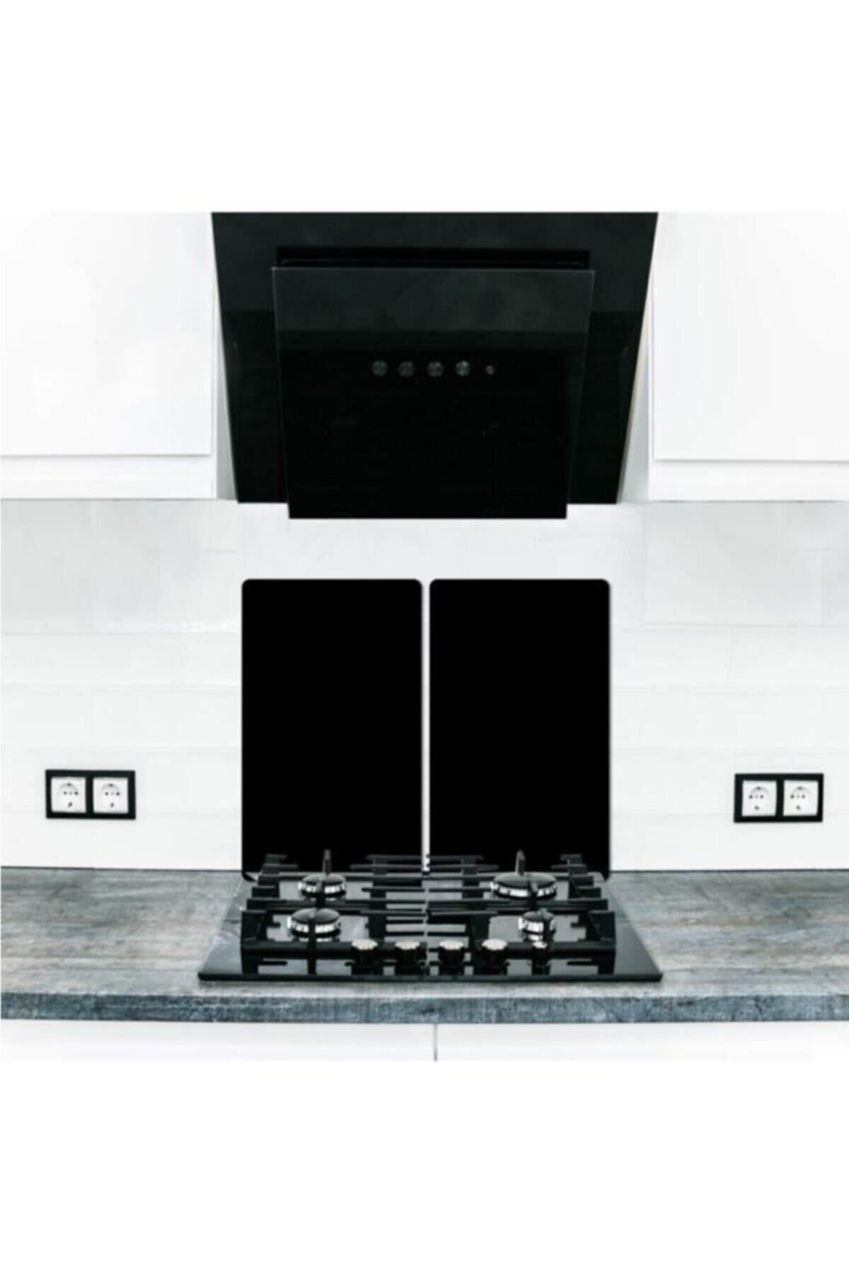 2' li 40x52 cm Cam Ocak Koruyucu  Düz Siyah Desenli