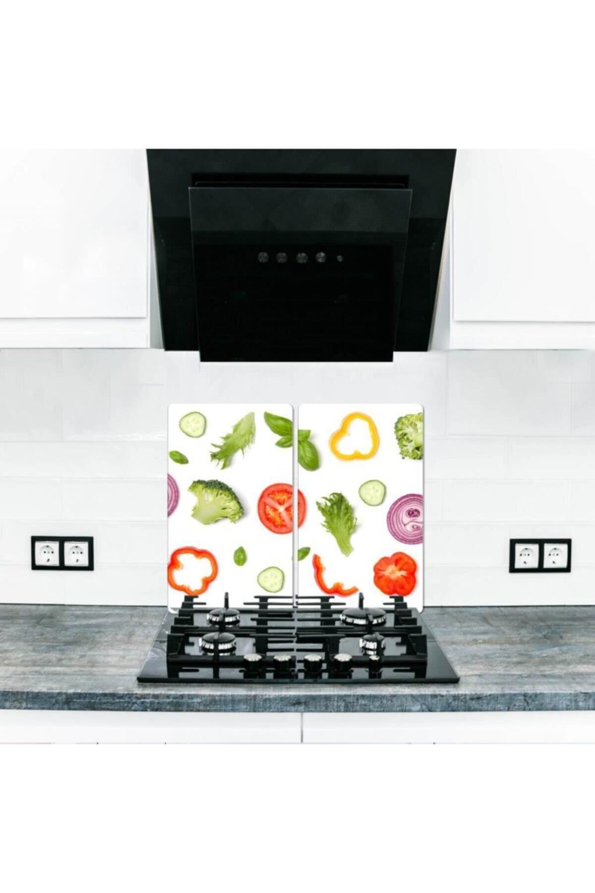 2' li 40x52 cm Cam Ocak Koruyucu  Beyaz Sebzeler Desenli