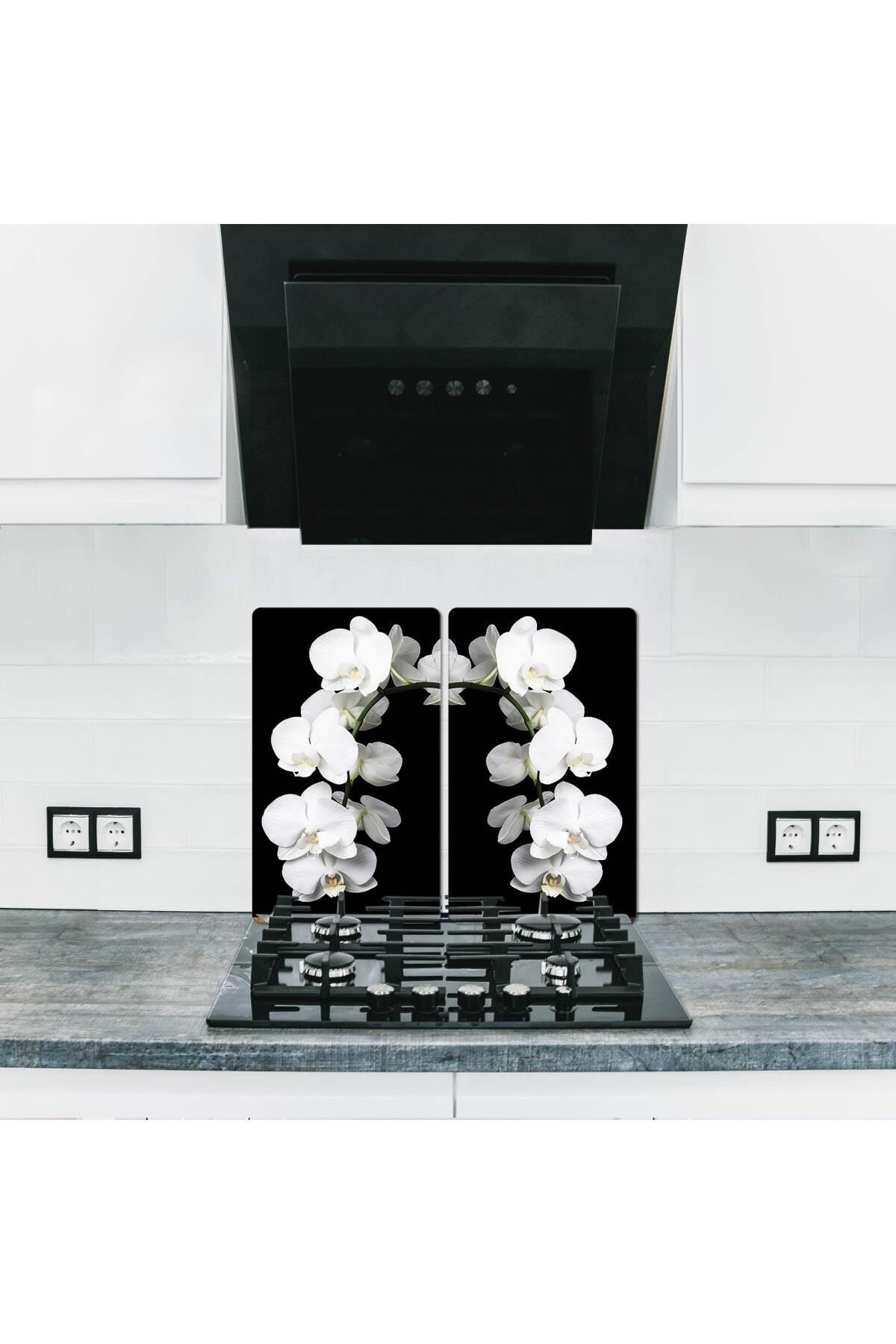 2' li 40x52 cm Cam Ocak Koruyucu  Beyaz Orkide Desenli