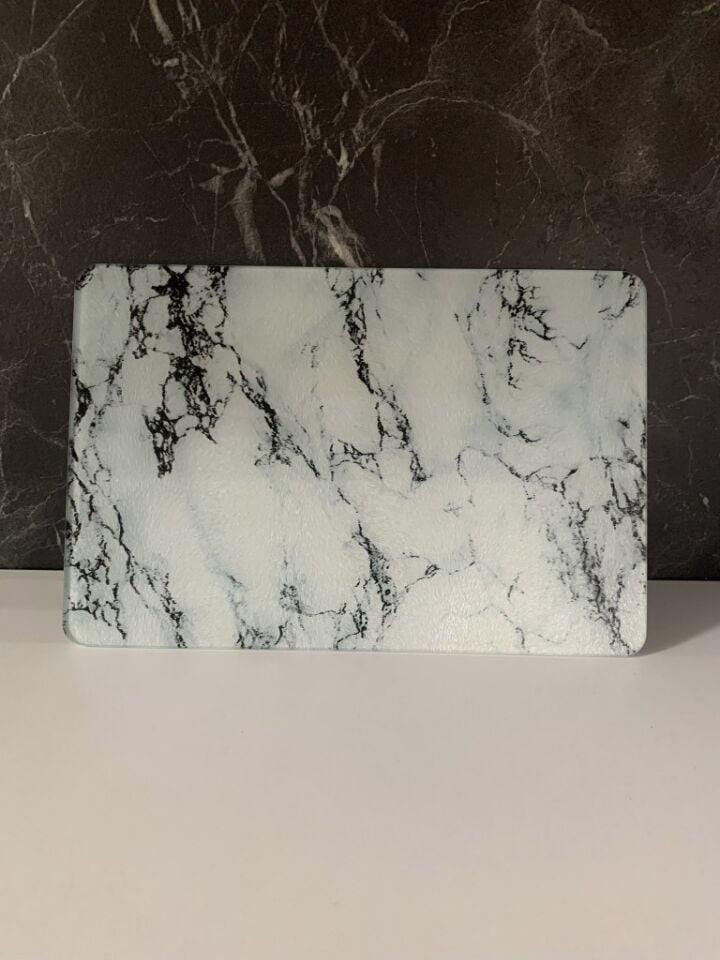 20x30cm - Buzlu Cam, Beyaz Mermer - Kesme Tahtası - Sunumluk