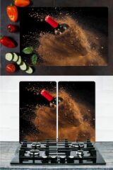 Takım Halinde Kum Şarabı 20x30 cm Kesme Tablası ve 2'li 30x52 cm Cam Ocak Koruyucu 4'lü Ocaklar