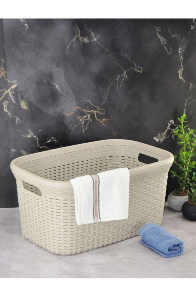 Bej, Hasır Desenli Plastik Çamaşır Selesi - 25x35x53cm