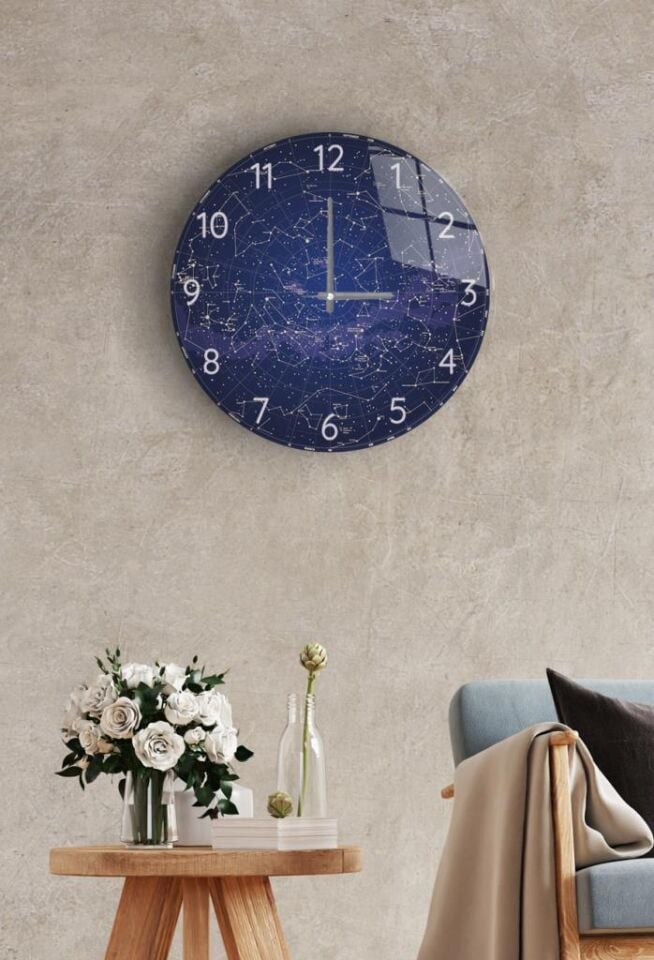 Çap 27cm - Gökyüzü Haritası - Dekoratif Cam Duvar Saati