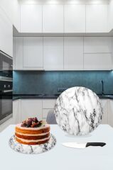 Beyaz Mermer Cam Kesme Tahtası - Sunum Tabağı| Çap 20