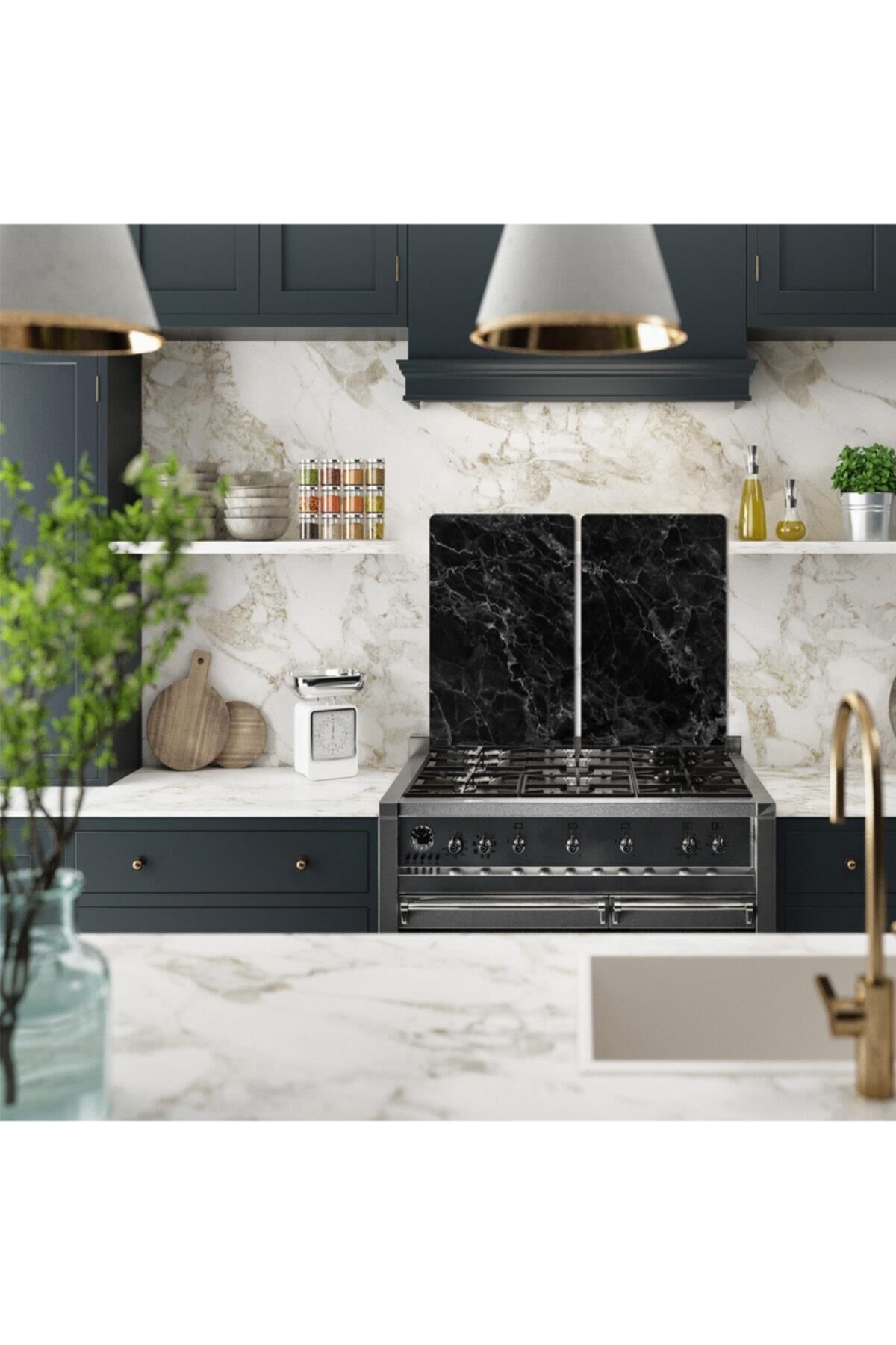 2'li 30x52cm Takım - Siyah Mermer - Ocak Koruyucu - Cam Kesme Tahtasıak Koruyucu - Cam Kesme Tahtası