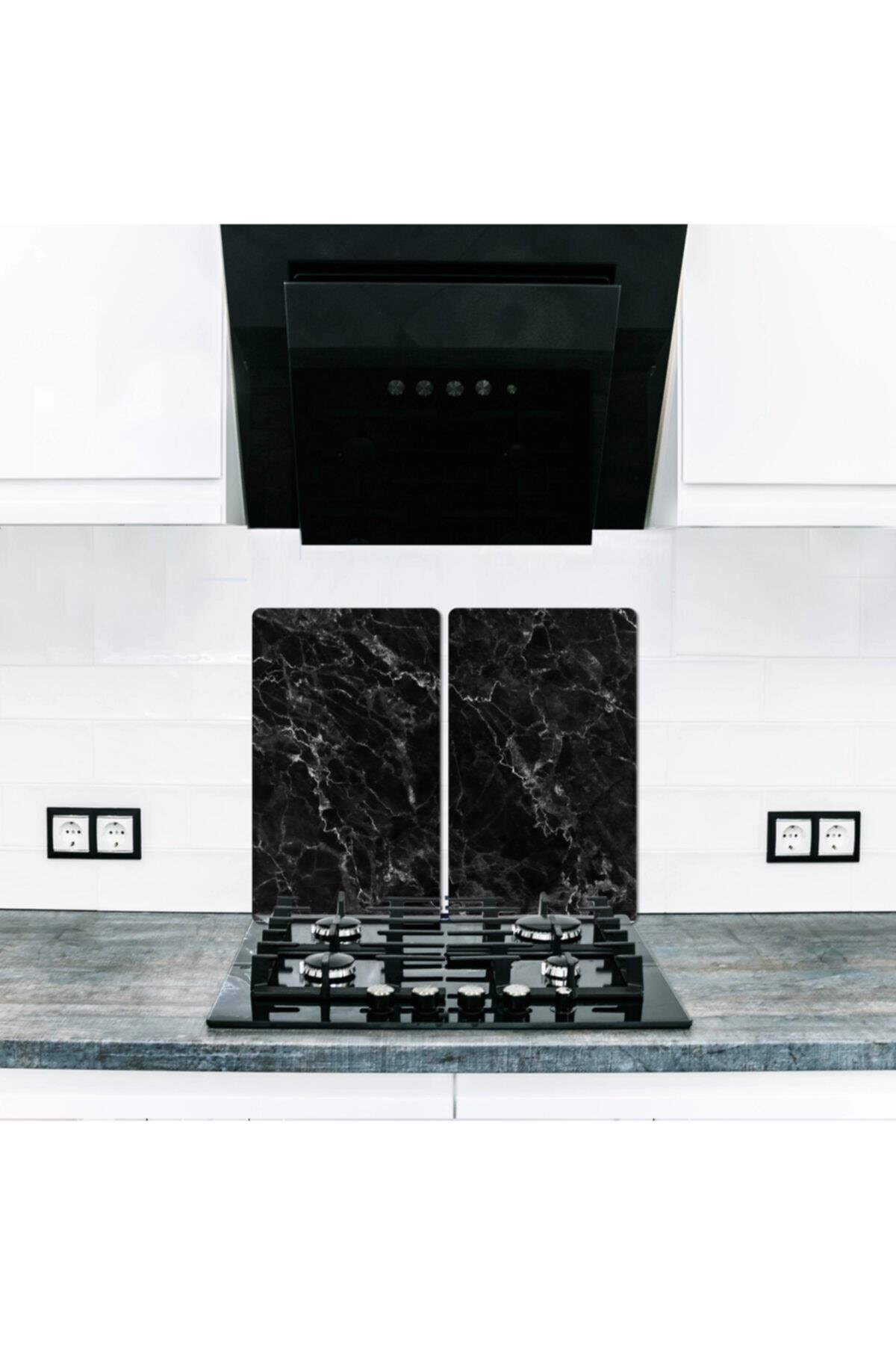 2'li 30x52cm Takım - Siyah Mermer - Ocak Koruyucu - Cam Kesme Tahtasıak Koruyucu - Cam Kesme Tahtası