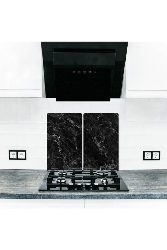 2'li 30x52cm Takım - Siyah Mermer - Ocak Koruyucu - Cam Kesme Tahtasıak Koruyucu - Cam Kesme Tahtası