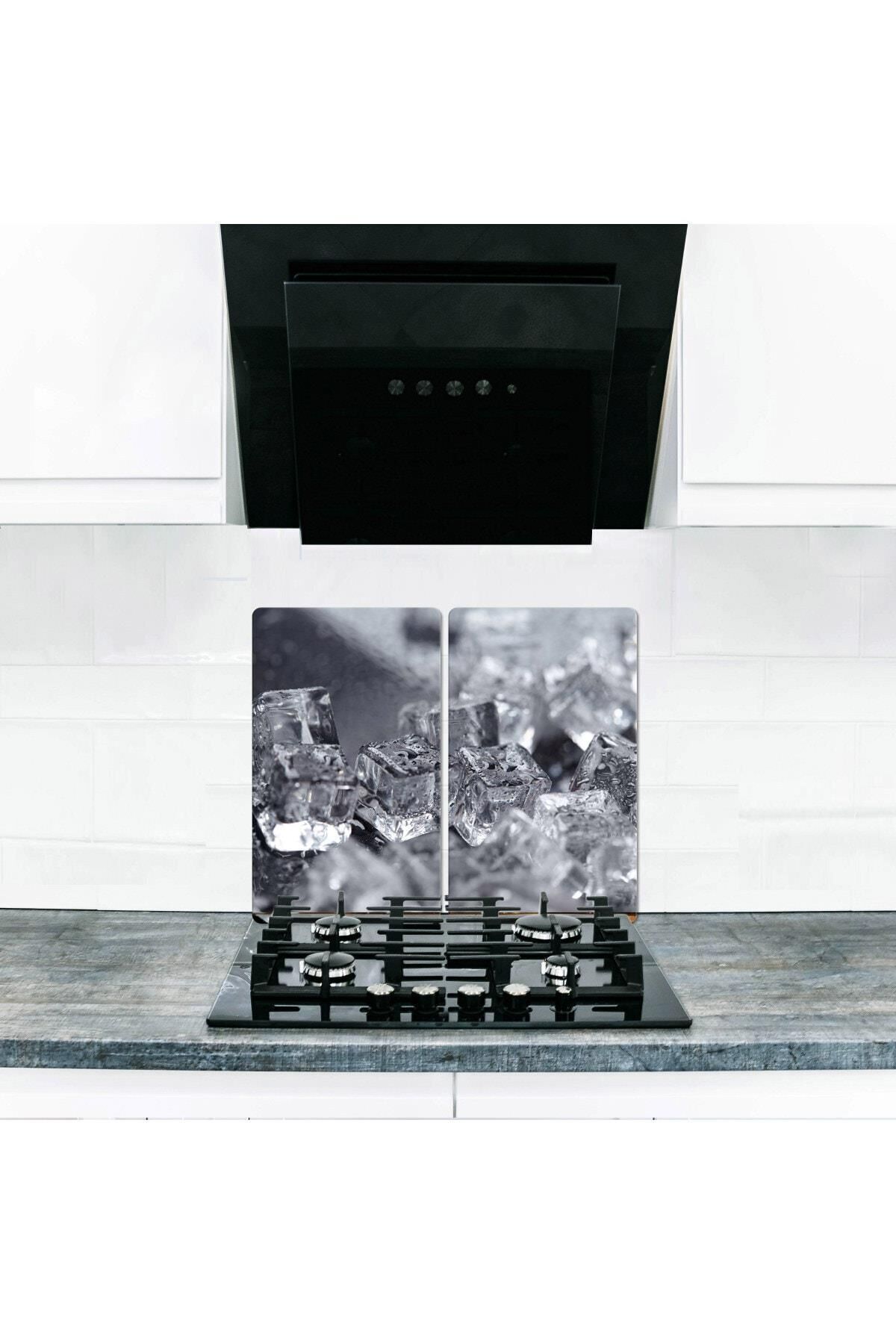 2'li 30x52 cm Cam Ocak Koruyucu 4'lü Ocaklar İçin Gri Buz