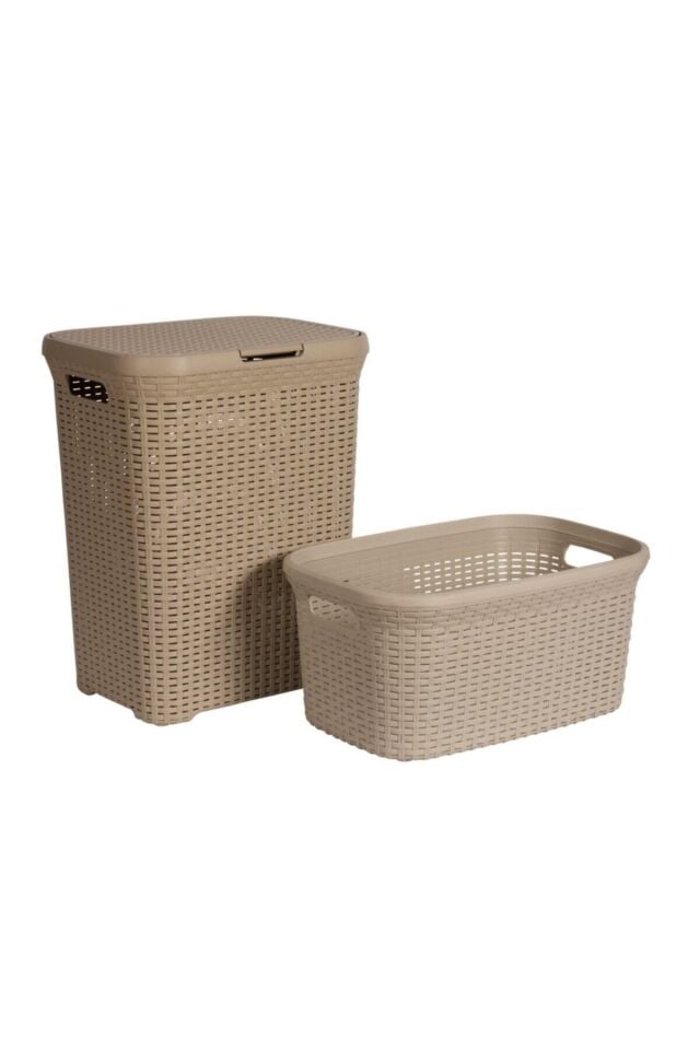 2'li Set Hasır Desenli Plastik Bej Çamaşır Sepeti & Bej Çamaşır Selesi