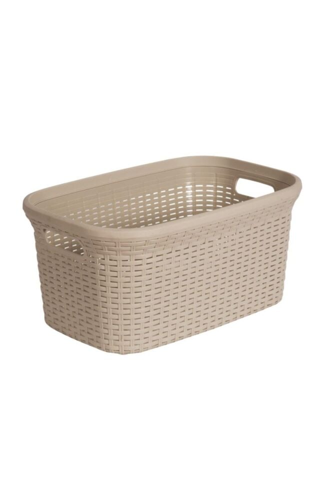 2'li Set Hasır Desenli Plastik Bej Çamaşır Sepeti & Bej Çamaşır Selesi