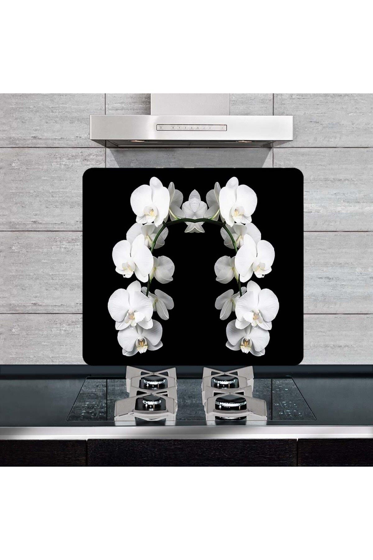 50x56cm - Cam Ocak Koruyucu - Beyaz Orkide