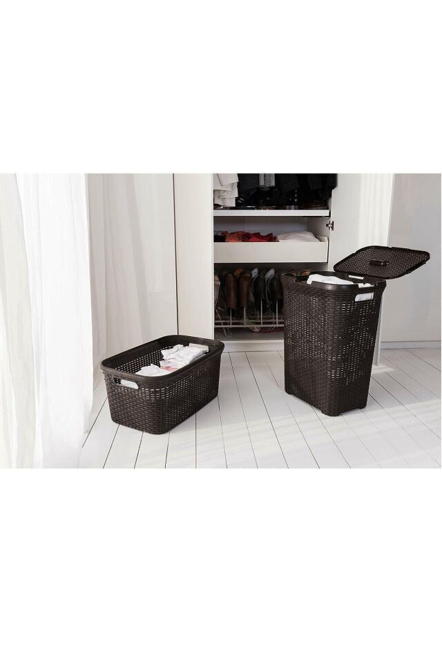 2'li Set Hasır Desenli Plastik Kahverengi Çamaşır Sepeti & Kahverengi Çamaşır Selesi