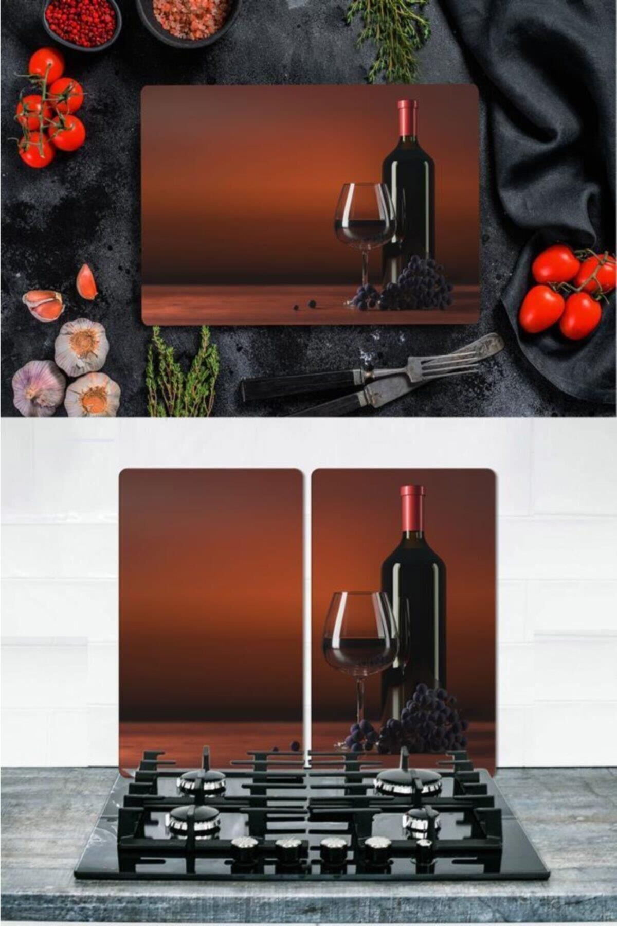 Takım Halinde Üzüm Şarabı 20x30 cm Kesme Tablası ve 2'li 30x52 cm Cam Ocak Koruyucu 4'lü Ocaklar