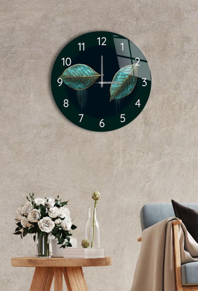 Çap 27cm - İki Yaprak - Dekoratif Cam Duvar Saati