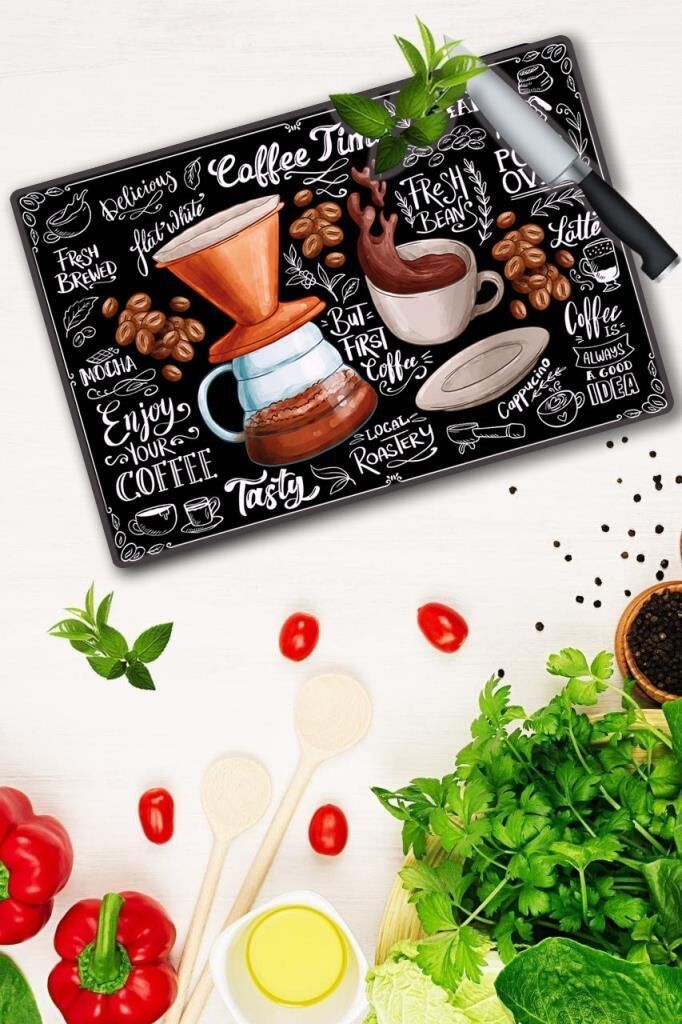 20x30 cm Cam Kesme Tahtası Coffee Time Desenli