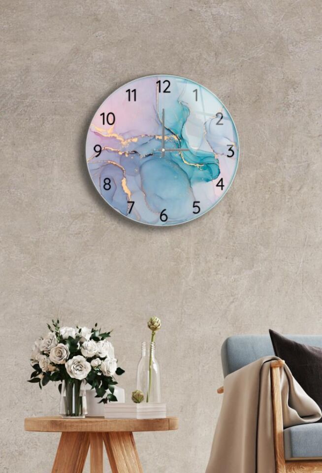 Çap 27cm - Pembe Mavi - Dekoratif Cam Duvar Saati