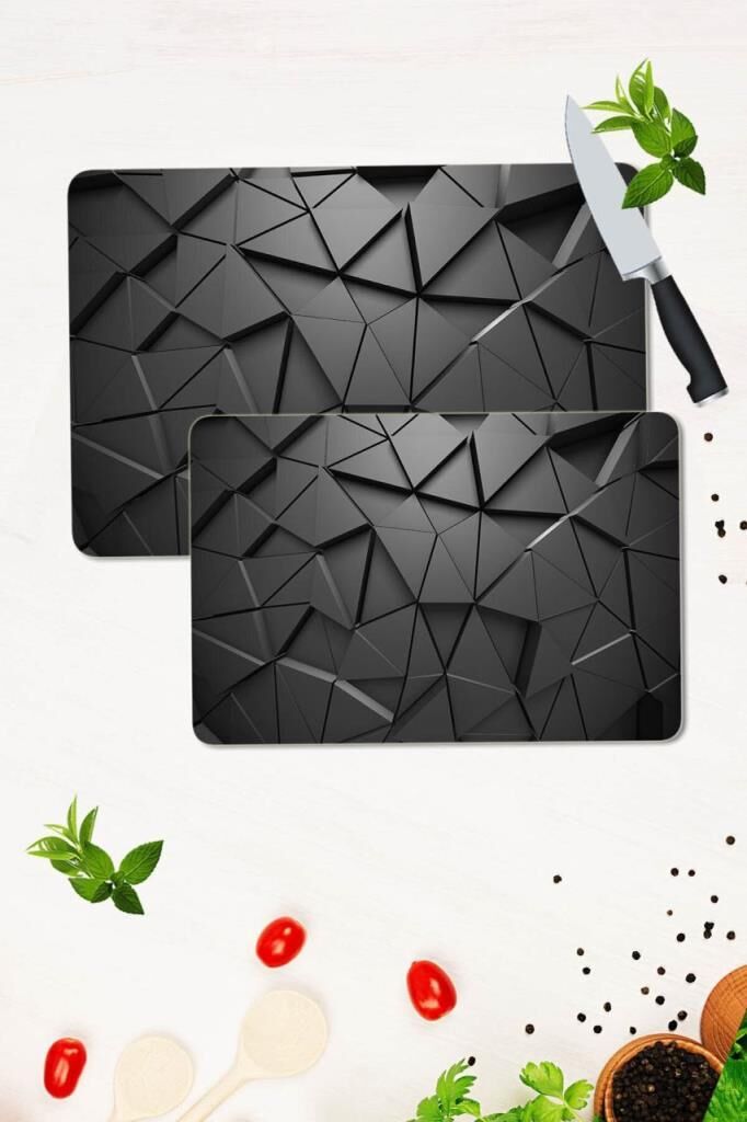2' li Takım 30x40 cm ve 20x30 cm Siyah Üçgenler Desenli Cam Kesim Tablası ve Ocak Koruma