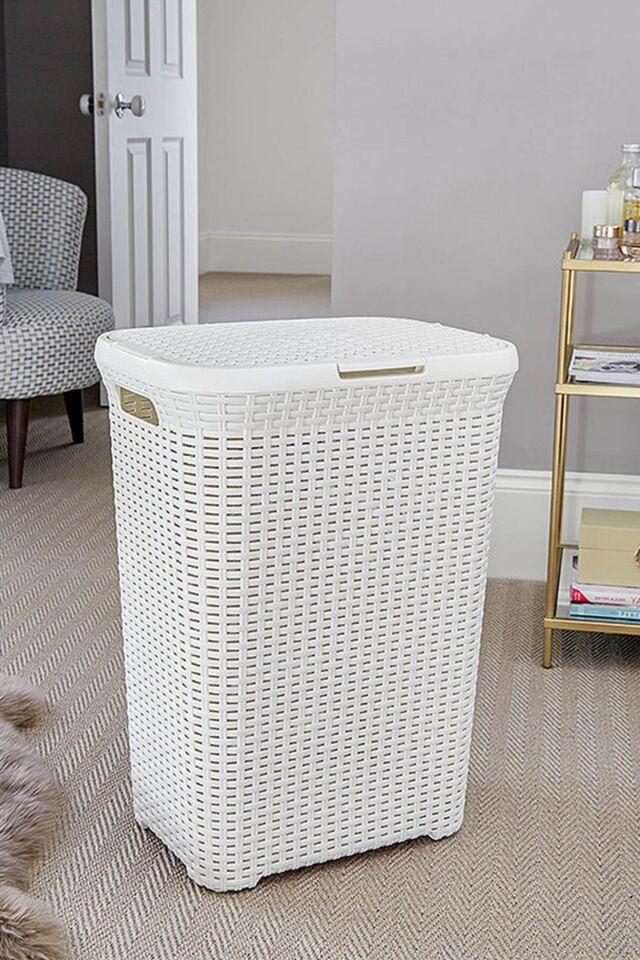 Beyaz, Plastik Hasır Desenli Kapaklı Çamaşır Sepeti – 55x43x33cm