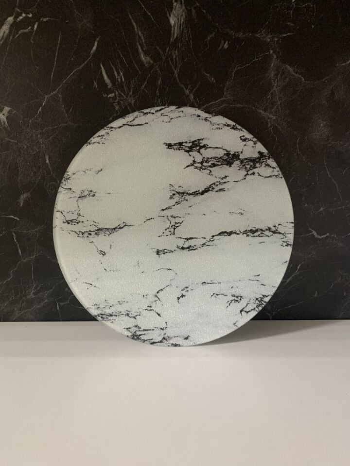 Çap 27Cm - Buzlu Cam, Beyaz Mermer - Kesme Tahtası - Sunumluk