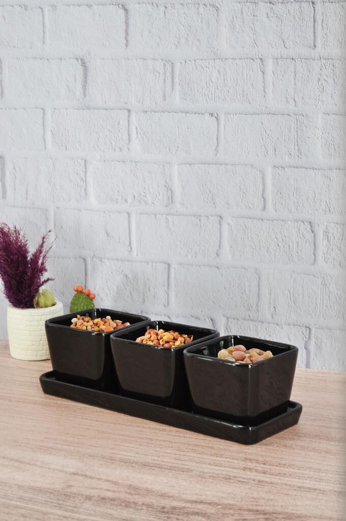 3'lü Çerezlik Tepsili Kase Siyah