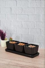 3'lü Çerezlik Tepsili Kase Siyah