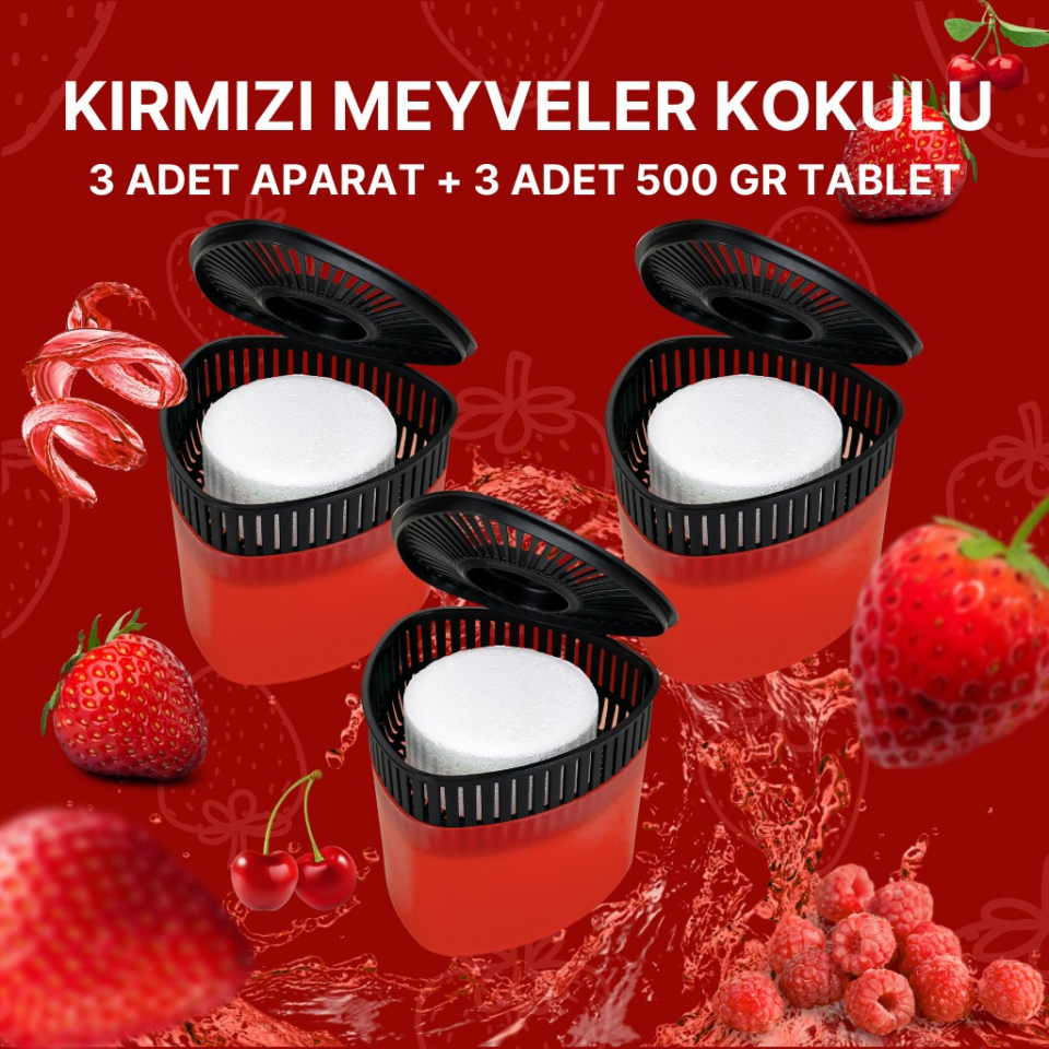 3 Adet 500GR - KIRMIZI MEYVELER - Nem Alıcılı Ve Rutubet Giderici Aparat Üçgen (TABLET DAHİL)