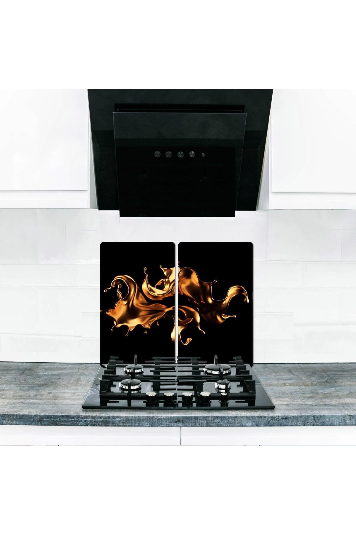 2'li 30x52 cm Cam Ocak Koruyucu 4'lü Ocaklar İçin Siyah Alev