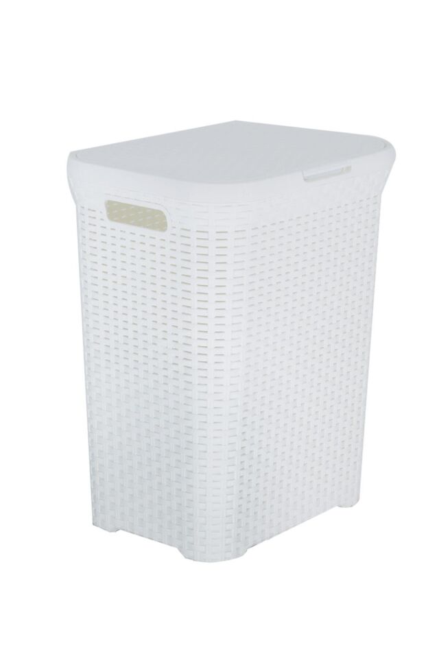 2'li Set Hasır Desenli Plastik Beyaz Çamaşır Sepeti & Beyaz Çamaşır Selesi