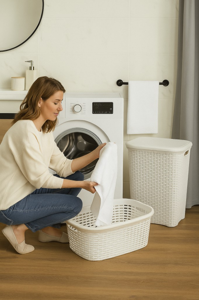 2'li Set Hasır Desenli Plastik Beyaz Çamaşır Sepeti & Beyaz Çamaşır Selesi