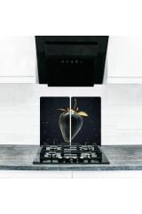 2'li 30x52 cm Cam Ocak Koruyucu 4'lü Ocaklar İçin Altın Çilek