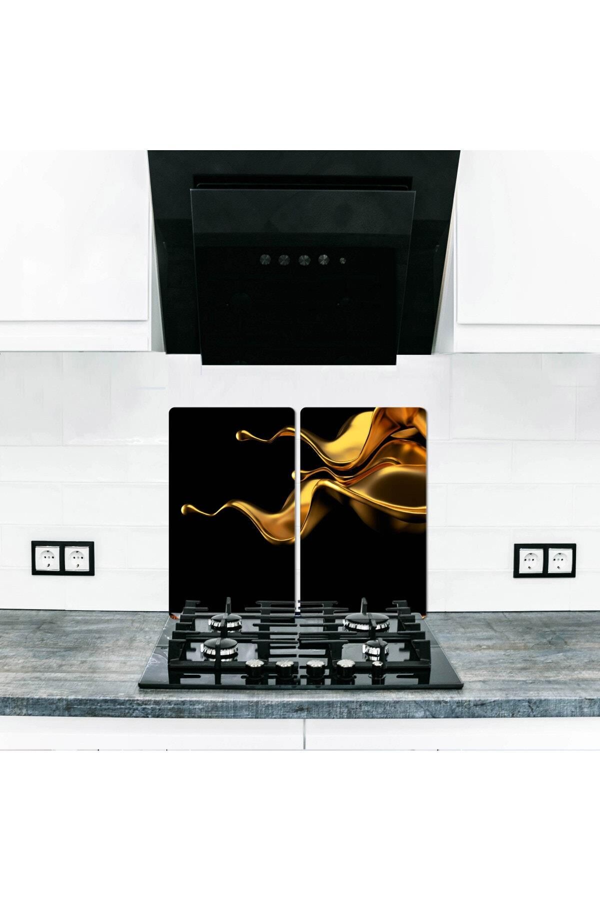 2'li 30x52 cm Cam Ocak Koruyucu 4'lü Ocaklar İçin Gold