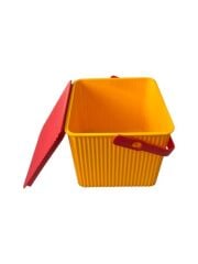 Sarı - Kırmızı, Kare Tırtıklı Plastik Temizlik Kovası – Saplı, Taşınabilir, Oyuncak Kovası, Saksı 11 Litre