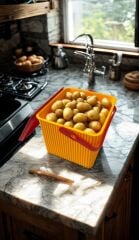 Sarı - Kırmızı, Kare Tırtıklı Plastik Temizlik Kovası – Saplı, Taşınabilir, Oyuncak Kovası, Saksı 11 Litre